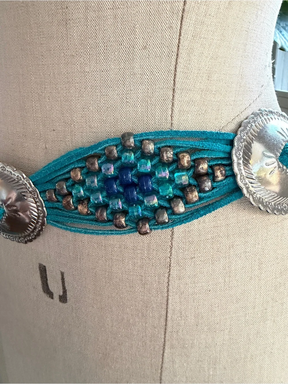 Western Navajo-style Beaded Concho Belt Turquoise fringe Boho - Picture 4 of 6